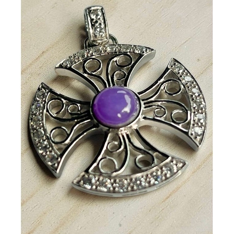 Large Vintage Sterling Silver Crucifix Pendant Purple Jade With Stones 8.57 G